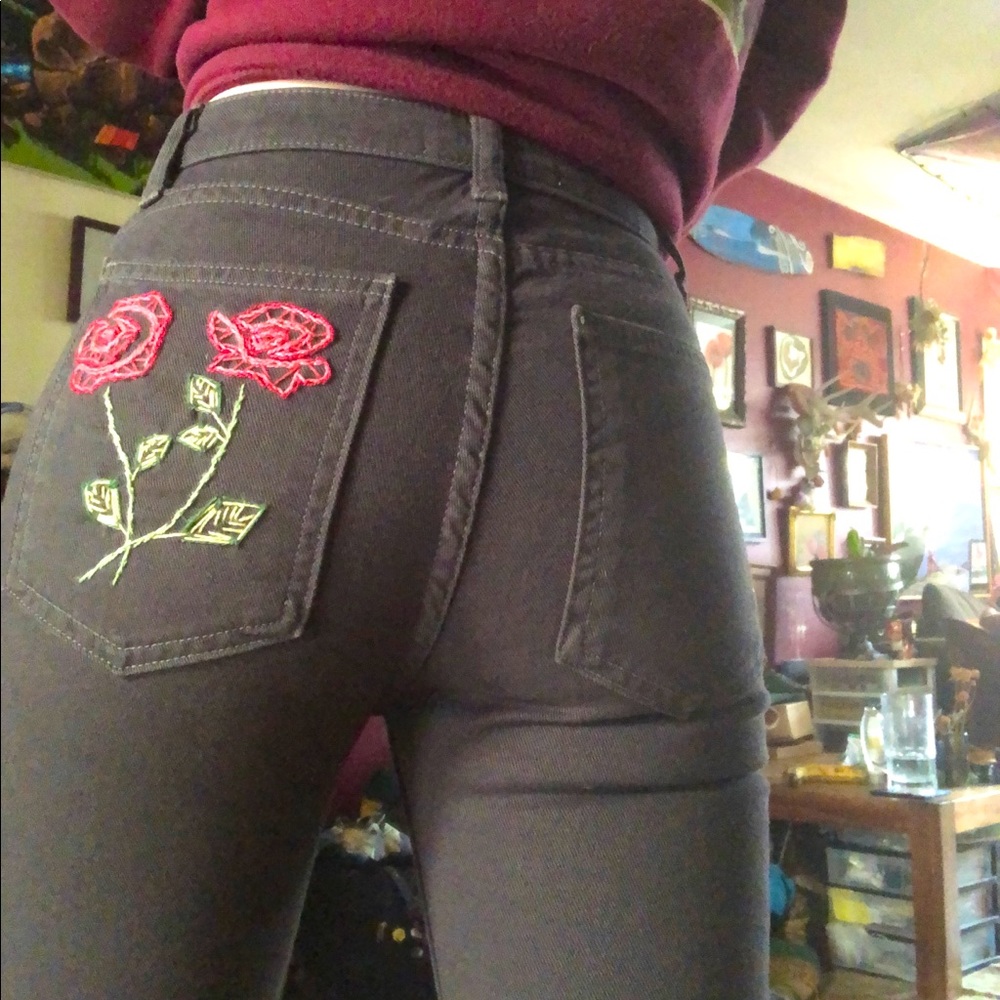 American apparel high rise jeans with hand embroidered booty